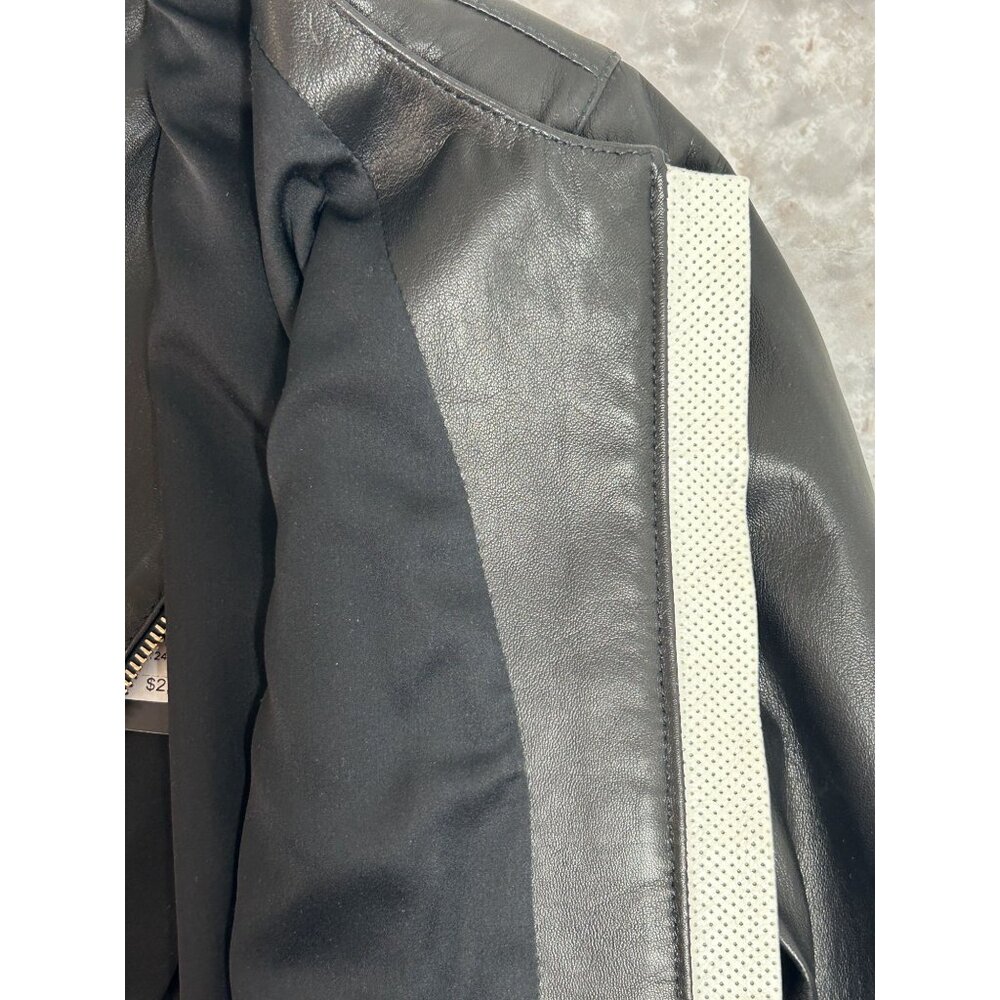 St John Women's Leather Zipper Moto Jacket in Cavier/Cream - Sz 4 - NWT - Picture 6 of 11